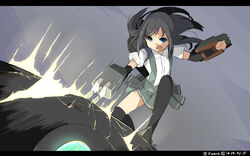  abyssal_ship asashio_(kancolle) backpack bag battle black_hair black_thighhighs blue_eyes blush cannon commentary_request female kantai_collection letterboxed long_hair monster randoseru skirt solo suspenders thighhighs torpedo turret wara_(warapro) 