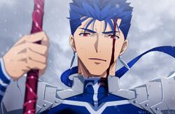  1boy akujiki59 armor artist_name blood blood_on_face blue_hair bodysuit close-up cloud cloudy_sky cu_chulainn_(fate) cu_chulainn_(fate/stay_night) dust ear_piercing earrings fate/stay_night fate_(series) frown gae_bolg_(fate) injury jewelry lance long_hair looking_at_viewer male_focus open_mouth piercing polearm red_eyes shoulder_armor shoulder_pads sky slit_pupils snow solo spear spiked_hair stud_earrings tongue twitter_username weapon winter 