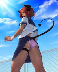  ass beeeeen blue_sailor_collar blue_sky clothes_lift cloud commentary_request dark-skinned_female dark_skin day female fence from_behind from_below highres horns legs_apart lifted_by_tail looking_at_viewer looking_back looking_down mole mole_on_thigh original outdoors panties pantyshot pointy_ears profile purple_panties red_hair sailor_collar school_uniform serafuku shirt short_hair short_sleeves skirt skirt_lift sky solo standing tail tail_raised tally tan tanlines thigh_strap underwear white_shirt yellow_eyes 