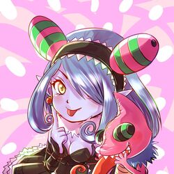  appmon blue_hair breasts chameleon cleavage digimon dress earrings female hair_over_one_eye hairband jewelry konna-nani large_breasts long_hair looking_at_viewer mienumon one_eye_covered pointy_ears puppet tongue tongue_out upper_body yellow_eyes 