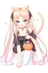  animal_ears bare_shoulders beliatan bell black_shirt blonde_hair blue_eyes breasts candy candy_cane cat_ears cat_girl cat_tail collarbone crawling eyebrows_hidden_by_hair female food frills full_body halloween halloween_bucket heart highres jingle_bell kneeling lollipop looking_at_viewer multicolored_hair neck_bell no_shoes oerba_yun_fang open_mouth original parted_bangs pink_hair shirt short_sleeves simple_background skin_fang small_breasts solo streaked_hair tail tail_raised thighhighs twintails two-tone_hair white_background 