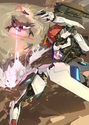  absurdres action electricity fighting firing from_behind glowing glowing_eye gundam gundam_barbatos gundam_barbatos_lupus gundam_tekketsu_no_orphans hashmal_(mobile_armor) highres laser mecha mobile_armor mobile_suit no_humans open_hand red_eyes robot sa/tsu/ki science_fiction 