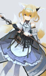  absurdres animal_ear_fluff animal_ears apron arknights bare_shoulders black_gloves blonde_hair blue_skirt braid braided_hair_rings closed_mouth commentary_request earpiece feet_out_of_frame female fox_ears fox_girl fox_tail frilled_skirt frills gloves green_eyes grey_background hair_rings highres holding kitsune material_growth multicolored_hair oripathy_lesion_(arknights) pantyhose pleated_skirt shirt simple_background single_glove skirt solo standing suzuran_(arknights) tail timitarcat twin_braids two-tone_hair waist_apron white_apron white_hair white_pantyhose white_shirt 