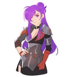  armor asymmetrical_clothes bad_id bad_twitter_id breasts cleavage female fire_emblem fire_emblem:_three_houses fire_emblem_warriors:_three_hopes gloves hair_bun hair_over_one_eye highres large_breasts lilyglazed long_hair looking_at_viewer purple_eyes purple_hair shez_(female)_(fire_emblem) shez_(fire_emblem) single_glove single_hair_bun smile solo 