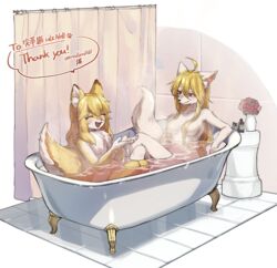  2girls ahoge animal_ear_fluff animal_ears animal_hands artist_name bath bathing bathroom bathtub blonde_hair body_fur brown_fur claw_foot_bathtub closed_mouth commission completely_nude crossed_legs elbow_rest fox_ears fox_girl fox_tail full_body furry furry_female hair_between_eyes hair_censor hands_up indoors knees_up long_hair looking_at_another mullmull02 multiple_girls neck_fur nude original red_eyes same-sex_bathing shared_bathing shower_curtain sidelocks sitting skeb_commission smile tail twitter_username water yellow_fur 