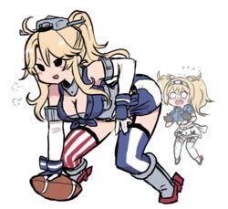  2girls ahoge american_flag_legwear american_football_(object) asymmetrical_legwear ball belt bent_over blonde_hair blush boots breasts cleavage commentary_request elbow_gloves gambier_bay_(kancolle) garter_straps gloves hair_between_eyes headgear iowa_(kancolle) kantai_collection large_breasts long_hair mismatched_legwear multicolored_clothes multiple_girls open_mouth ponytail shirt shorts simple_background skirt smile star_(symbol) striped_clothes striped_thighhighs terrajin thighhighs twintails vertical-striped_clothes vertical-striped_thighhighs white_background 