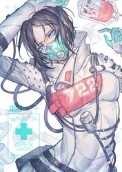  absurdres animification apex_legends black_hair blood blood_bag blue_eyes bodysuit breasts character_name commentary_request copyright_name eyelashes female from_above hair_between_eyes hair_bun highres intravenous_drip looking_at_viewer lying mask mizutama_(mao11260510) mouth_mask no_pupils on_back quarantine_722_wraith short_hair single_hair_bun skin_tight small_breasts solo twitter_username white_bodysuit wraith_(apex_legends) 