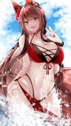  :d absurdres akagi_(azur_lane) akagi_(paradise_amaryllis)_(azur_lane) animal_ears azur_lane bikini breasts brown_hair cleavage cloud cowboy_shot female fox_ears front-tie_bikini_top front-tie_top highres large_breasts long_hair official_alternate_costume outdoors red_sarong samip sarong sky smile spray swimsuit toned two-tone_bikini very_long_hair water wristband 