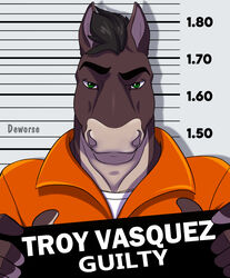  absurd_res anthro brown_body clothed clothing deworse digital_media_(artwork) english_text equid equine front_view green_eyes grin hair hi_res holding_object holding_sign horse inmates_clothing jail_placard looking_at_viewer male mammal mugshot muscular muscular_anthro muscular_male number orange_jumpsuit placard prison prison_uniform prisoner sign smile solo standing text topwear troy_vasquez uniform 