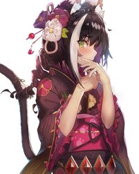  akieda animal_ear_fluff animal_ears backlighting black_hair black_kimono blush braid brown_hair cat_ears cat_girl cat_tail closed_mouth covering_own_mouth cowboy_shot crown_braid drill_hair female floral_print flower gem green_eyes hair_between_eyes hair_flower hair_ornament hair_stick highres japanese_clothes karyl_(new_year)_(princess_connect!) karyl_(princess_connect!) kimono long_hair looking_at_viewer multicolored_hair obi ponytail princess_connect! print_kimono sash simple_background solo streaked_hair tail two-tone_hair white_background white_hair wide_sleeves 