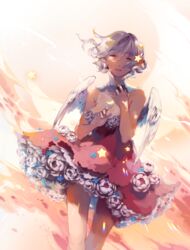  abstract_background angel_wings breasts cleavage closed_eyes commentary commission copyright_request dress dress_flower dutch_angle empty_eyes english_commentary feathered_wings female flower flower_trim forget-me-not_(flower) frills hand_on_own_chest highres moon nyanfood o-ring parted_lips pink_dress short_hair sleeveless sleeveless_dress solo sparkle star_(symbol) white_hair wings 