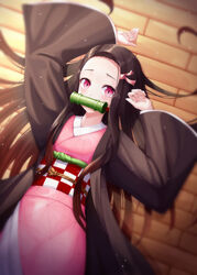  absurdres arms_up bamboo bit_gag black_hair black_jacket blush checkered_sash commentary_request female gag gagged hair_ribbon haori highres jacket japanese_clothes kamado_nezuko kimetsu_no_yaiba kimono long_sleeves lying mouth_hold multicolored_hair on_back orange_hair pink_eyes pink_kimono pink_ribbon ribbon ryon_y0421 slit_pupils solo two-tone_hair wide_sleeves 