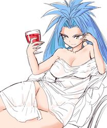  blue_hair breasts chrono_trigger cleavage closed_mouth earrings female green_eyes groin hair_intakes jewelry large_breasts long_hair lying mature_female queen_zeal s-a-murai simple_background smile solo very_long_hair white_background 