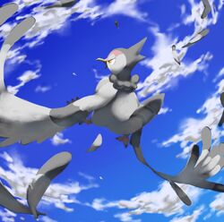  animal_focus bird blue_sky brown_eyes claws cloud cloudy_sky commentary day english_commentary flying full_body no_humans outdoors pinkgermy pokemon pokemon_(creature) signature sky solo tranquill 