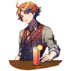  1boy ahoge bartender brown_vest cup drink drinking_glass food fruit gradient_ribbon grey_shirt heterochromia holostars incoming_drink lapel_pin lemon lemon_slice light_blush looking_at_viewer looking_to_the_side male_focus mole mole_under_eye multicolored_hair neck_ribbon open_mouth orange_eyes orange_hair parted_lips pov_across_table purple_eyes red_ribbon ribbon shadow shirt short_hair sleeves_rolled_up solo streaked_hair table upper_body vest virtual_youtuber yaeyama_reishi yukoku_roberu 