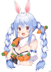  :d animal_ear_fluff animal_ears auui black_gloves blue_hair blush bow braid breasts carrot commentary creature cropped_torso detached_sleeves don-chan_(usada_pekora) female food food_on_face gloves hairbow highres holding holding_food hololive long_hair looking_at_viewer medium_breasts mixed-language_commentary multicolored_eyes open_mouth puffy_short_sleeves puffy_sleeves rabbit_ears short_sleeves signature simple_background smile solid_oval_eyes solo thick_eyebrows twin_braids upper_body usada_pekora usada_pekora_(1st_costume) virtual_youtuber white_background white_bow white_hair 