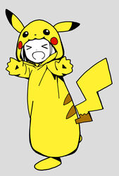  &gt;_&lt; :d character_hood closed_eyes color_connection commentary_request cosplay dot_nose facing_viewer female full_body grey_background hands_up happy highres hood hood_up katsuwo_(cr66g) kise_saki long_sleeves mitsuboshi_colors open_mouth outstretched_hand partially_colored pikachu pikachu_(cosplay) pikachu_costume pikachu_ears pikachu_tail pokemon pokemon_ears pokemon_tail short_hair simple_background smile solo split_mouth standing tail 