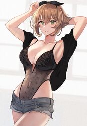  alternate_costume arm_behind_head black_ribbon blush breasts brown_hair cleavage collarbone commentary_request covered_navel cowboy_shot denim denim_shorts female green_eyes hair_between_eyes hair_ribbon highleg highres kantai_collection kasumi_(skchkko) large_breasts lingerie looking_at_viewer mutsu_(kancolle) open_mouth ribbon short_hair short_shorts shorts smile solo teddy_(lingerie) underwear 