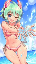  ahoge ass_visible_through_thighs azure_striker_gunvolt azure_striker_gunvolt_2 bikini blue_eyes blue_sky blush breasts cougar_(cougar1404) female green_hair headgear horizon looking_at_viewer medium_breasts navel ocean one_eye_closed open_mouth roro_(gunvolt) short_hair side-tie_bikini_bottom sky smile solo splashing striped_bikini striped_clothes swimsuit thigh_gap water 