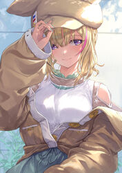  blonde_hair blush buttons commentary female green_nails guchico hair_between_eyes hand_on_headwear hat highres hololive jacket long_sleeves looking_at_viewer multicolored_hair nail_polish off_shoulder official_alternate_costume official_alternate_hair_length official_alternate_hairstyle omaru_polka omaru_polka_(street_casual) open_clothes open_jacket pink_hair purple_eyes shirt sleeveless sleeveless_shirt smile solo streaked_hair upper_body virtual_youtuber white_shirt 