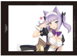  absurdres animal_ear_fluff animal_ears blue_eyes bow breasts cat_ears cleavage female guilty_princess hair_ornament hairbow hand_up heterochromia highres long_hair looking_at_viewer maid maid_headdress medium_breasts non-web_source open_mouth puffy_short_sleeves puffy_sleeves purple_hair scan short_sleeves short_twintails simple_background solo star_(symbol) teeth tony_taka twintails upper_body white_background wrist_cuffs yellow_eyes 