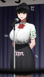  armband arms_behind_back black_bra black_hair black_skirt blurry bow bowtie bra bra_visible_through_clothes breasts commentary_request depth_of_field female height high-waist_skirt highres large_breasts microphone microphone_stand mole mole_under_eye original pleated_skirt red_bow red_bowtie school_uniform senju_(snz0) shirt shirt_tucked_in sidelocks skirt smile solo tented_shirt three_sizes underwear weight white_shirt 