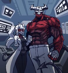  1boy abs barcode barcode_tattoo belt belt_buckle breasts buckle demon_boy demon_girl demon_horns demon_tail female forehead_tattoo formal glasses height_difference helltaker highres horns jamsubu lab_coat long_hair looking_at_viewer loremaster_(helltaker) medium_breasts muscular muscular_male necktie pants ponytail red-tinted_eyewear red_eyes scar smile subject_67_(helltaker) suit tail tattoo teeth tinted_eyewear topless_male white_hair 