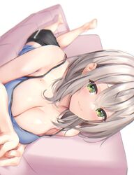  absurdres armpit_crease bad_id bad_twitter_id barefoot blurry breasts camisole cleavage couch depth_of_field dolphin_shorts female green_eyes grey_hair highres hololive kurogane_tekki large_breasts lying medium_hair mole mole_on_breast no_bra shirogane_noel shorts simple_background smile solo virtual_youtuber wavy_hair white_background 