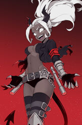  :d belt black_jacket black_panties black_thighhighs breasts chains cheshirrr clawed_gauntlets cleavage commentary dark-skinned_female dark_skin demon_horns demon_tail fangs female fingernails floating_hair from_below glowing glowing_eyes grey_belt helltaker highres horns jacket judgement_(helltaker) large_breasts long_hair long_sleeves looking_at_viewer navel open_mouth panties parted_bangs pentagram ponytail red_background sharp_fingernails simple_background smile solo tail thighhighs underwear weapon white_eyes white_hair 