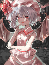  adapted_costume bat_(animal) bat_wings collared_shirt commentary cowboy_shot fangs female finger_to_mouth fingernails frilled_shirt frilled_shirt_collar frills grey_hair hair_between_eyes hat hat_ribbon highres limited_palette looking_at_viewer mob_cap moon open_mouth outdoors pink_hat pink_shirt pink_skirt red_eyes red_moon red_ribbon remilia_scarlet ribbon sharp_fingernails shirt skirt sleeveless sleeveless_shirt solo sutaku77224 touhou wings 