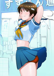  ass blue_sailor_collar breasts brown_eyes brown_hair buruma closed_mouth commentary female fingerless_gloves gloves headband kasugano_sakura looking_at_viewer midriff photoshop_(medium) sailor_collar school_uniform serafuku short_hair skirt smile solo street_fighter street_fighter_zero_(series) takemaru08 