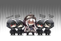  &gt;_&lt; ... 5girls black_footwear black_hair black_legwear blush_stickers chibi cloak clone coat cross english_commentary english_text full_body girls&#039;_frontline hair_between_eyes hat hood iron_cross isomer_(girls&#039;_frontline) jacket kar98k_(girls&#039;_frontline) korean_commentary long_hair multiple_girls nyto_(girls&#039;_frontline) open_mouth paradeus peaked_cap red_eyes saru_(style) smile standing white_hair ysas 