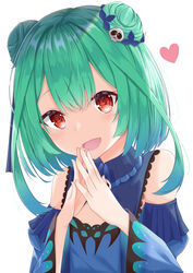  :d animal_print bare_shoulders blue_dress blue_sleeves blush brooch butterfly_print detached_sleeves divergenceok double_bun dress female flat_chest green_hair hair_bun hair_ornament hair_ribbon heart highres hololive jewelry looking_at_viewer open_mouth red_eyes ribbon short_hair short_hair_with_long_locks sidelocks simple_background skull_brooch skull_hair_ornament sleeveless sleeveless_dress smile solo steepled_fingers upper_body uruha_rushia uruha_rushia_(1st_costume) virtual_youtuber white_background wide_sleeves 