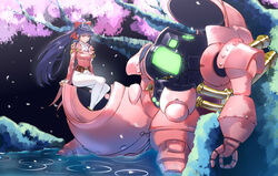  absurdres bow cherry_blossoms commentary_request female fingerless_gloves gloves hairbow half_gloves highres jacket juaag_acgy koubu lake long_hair md5_mismatch mecha pants petals pink_jacket purple_hair red_bow red_eyes ripples robot sakura_taisen shinguuji_sakura sitting solo tree very_long_hair white_pants 