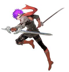  armor breasts cape dual_wielding fire_emblem fire_emblem:_three_houses fire_emblem_warriors:_three_hopes gloves hair_over_one_eye highres holding holding_weapon knee_pads kurahana_chinatsu long_hair official_art orange_cape purple_eyes purple_hair shez_(fire_emblem) shez_(male)_(fire_emblem) short_hair sword weapon 