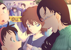  3boys 3girls absurdres black-framed_eyewear black_hair blue_eyes bow bowtie brown_hair edogawa_conan facial_hair glasses haibara_ai hat highres jacket kojima_genta lolicon long_sleeves meitantei_conan mouri_kogoro moustache multiple_boys multiple_girls necktie official_style open_mouth school_uniform shirt short_hair shorts smile sooma4869 wakasa_rumi white_shirt yoshida_ayumi 