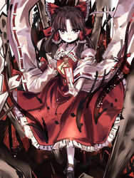  ascot between_fingers black_footwear bow brown_eyes brown_hair detached_sleeves female frilled_bow frilled_shirt_collar frilled_skirt frills hairbow hakurei_reimu highres holding looking_at_viewer mary_janes medium_hair open_mouth red_bow red_ribbon red_shirt red_skirt ribbon ribbon-trimmed_sleeves ribbon_trim shirt shoes skirt solo sutaku77224 touhou wide_sleeves yellow_ascot 