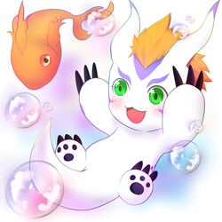  1:1 absurd_res ambiguous_gender bandai_namco blush bubble claws digimon digimon_(species) feral fish fur gomamon green_eyes hair hi_res lying mammal marine markings mohawk on_back open_mouth orange_body orange_hair outside pinniped purple_markings simple_background smile solo toe_claws toruu underwater water white_body white_fur 