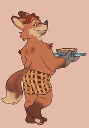  2023 anthro ass belly black_nose canid canine clothing dessert disney food fox gideon_grey hi_res male mammal orange_body pastry pie pocketfurry red_fox simple_background slightly_chubby solo true_fox underwear zootopia 