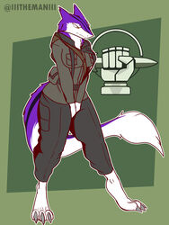  3:4 absurd_res anthro barefoot breasts clothed clothing feet female foxhole:_persistant_online_warfare fur hi_res military multicolored_body multicolored_fur purple_body purple_eyes purple_fur sergal signature solo tail the_man 