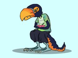  4:3 anthro avian beak bottomwear breakfast clothed clothed_anthro clothing digitigrade glaring grumpy hybrid looking_at_viewer male oversized_bottomwear oversized_clothing oversized_shorts shorts simple_background slouching solo standing terrorbird tie-dye tired tucakeane 