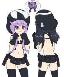  2girls alloyrabbit ass black_gloves black_hair black_legwear blush chest_harness cosplay gloves hair_ornament hair_ribbon harness hat highres imagining kill_la_kill long_hair looking_at_another multiple_girls nepgear neptune_(series) nudist_beach_uniform purple_hair revealing_clothes ribbon sarah_anne_williams simple_background smile thighhighs uni_(neptunia) voice_actor_connection white_background 