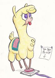  2018 alpaca camelid colored_pencil_(artwork) english_text female feral hi_res lost_marbles mammal paprika_paca_(tfh) purple_eyes push pushbutton simple_background solo text them&#039;s_fightin&#039;_herds tongue tongue_out traditional_media_(artwork) white_background yellow_body 