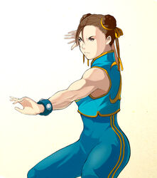  bracelet breasts brown_eyes brown_hair chinese_clothes chun-li closed_mouth commentary double_bun female hair_bun jewelry looking_at_viewer short_hair simple_background solo street_fighter street_fighter_zero_(series) takemaru08 unitard 