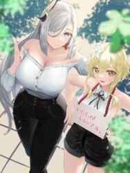  2girls absurdres alternate_costume black_pants black_ribbon black_shorts blonde_hair blue_eyes blurry blurry_foreground breasts cleavage commentary_request denim earrings flower from_above genshin_impact grey_hair hair_flower hair_ornament hair_over_one_eye hands_on_own_hips highres jewelry large_breasts light_rays long_hair looking_up lumine_(genshin_impact) multiple_girls neck_ribbon off-shoulder_shirt off_shoulder open_mouth outdoors pants ribbon shadow shenhe_(genshin_impact) shirt shirt_tucked_in shorts sign sign_around_neck sleeveless smile sunbeam sunlight tassel tassel_earrings translation_request yellow_eyes yumeto_(ym-1) 