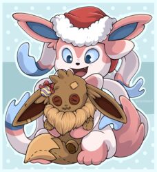  accessory ambiguous_gender barefoot big_ears black_nose blue_eyes blue_ribbon blue_sclera bow_ribbon bow_tie christmas christmas_clothing christmas_decorations christmas_headwear clothing cuddling dipstick_tail ear_tuft eevee eeveelution fangs feet feral fluffy fluffy_ears fluffy_tail fur fur_markings fur_tuft generation_1_pokemon generation_6_pokemon glistening gloves_(marking) hair_accessory hair_ribbon hairbow hat head_tuft headgear headwear holding_object holidays hug leg_markings light_body light_fur markings monotone_tail multicolored_body multicolored_bow multicolored_ears multicolored_fur multicolored_ribbon multicolored_tail nante-p nintendo open_mouth open_smile paws pink_body pink_bow pink_ears pink_fur pink_markings pink_ribbon pink_tail pink_tongue plushie pokemon pokemon_(species) prick_ears pupils ribbons ruff santa_hat sharp_teeth simple_background sitting smile socks_(marking) solo standing sylveon tail tail_markings teeth tongue toy tuft two_tone_body two_tone_bow two_tone_fur two_tone_ribbon two_tone_tail white_background white_body white_bow white_ears white_fur white_pupils white_ribbon 