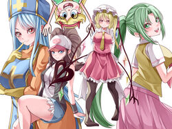  5girls absurdres arms_up back_bow baseball_cap blonde_hair blue_eyes blue_hair blue_headwear blue_shorts blush bow breasts closed_mouth crossover crystal dragon_quest dragon_quest_iii eyebrows_hidden_by_hair feet_out_of_frame finger_to_mouth flandre_scarlet from_behind full_body gloves green_eyes green_hair hat hat_ribbon highres higurashi_no_naku_koro_ni hilda_(pokemon) large_breasts long_hair long_sleeves looking_at_viewer looking_back mahoro_(minase_mahoro) medium_breasts mitre mob_cap multiple_girls necktie open_mouth orange_eyes pantyhose pink_skirt pokemon pokemon_bw ponytail priest_(dq3) puffy_short_sleeves puffy_sleeves red_ribbon red_skirt red_vest ribbon shirt short_sleeves shorts skirt skirt_set smile sonozaki_mion star_butterfly star_vs_the_forces_of_evil teeth touhou upper_teeth_only upside-down vest white_bow white_headwear white_shirt wings yellow_gloves yellow_necktie yellow_vest 