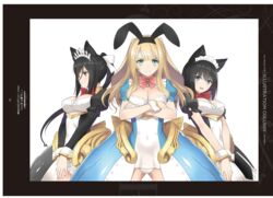  3girls absurdres animal_ears black_hair blonde_hair blue_eyes bow breasts brown_eyes cat_ears cleavage crossed_arms gold_trim green_eyes guilty_princess hair_ornament hairbow highres leotard long_hair long_sleeves looking_at_viewer maidroid_alice maidroid_chloe maidroid_miao medium_breasts multiple_girls non-web_source open_mouth overskirt own_hands_together page_number puffy_short_sleeves puffy_sleeves rabbit_ears red_bow short_hair short_sleeves showgirl_skirt simple_background smile tony_taka white_background wrist_cuffs 