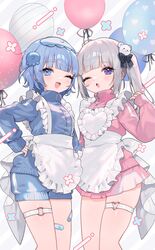  2girls ;d apron balloon bandaid bandaid_on_leg bear_hair_ornament black_bow blue_eyes blue_hair blue_jacket blue_shorts blunt_bangs blush bow frilled_apron frills grey_hair hair_ornament hairbow hand_on_own_hip heart_o-ring highres indie_utaite jacket jellyfish_hair_ornament jersey_maid long_hair long_sleeves looking_at_viewer maid multiple_girls o-ring o-ring_thigh_strap one_eye_closed open_mouth original pink_jacket pink_skirt purple_eyes saku_nosuke second-party_source short_hair shorts skindentation skirt sleep_mask smile standing symmetrical_pose symmetry thigh_strap track_jacket twintails unconventional_maid utaite white_apron wotoha_(character) yukimura-chan 