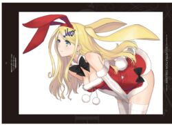  absurdres animal_ears bare_shoulders blonde_hair blush bow breasts closed_mouth dress earrings elbow_gloves fake_animal_ears female fur_trim garter_straps gloves green_eyes guilty_princess hair_ornament highres jewelry leaning_forward long_hair medium_breasts non-web_source page_number pom_pom_(clothes) rabbit_ears rabbit_tail red_dress scan shiny_skin short_dress simple_background smile solo star_(symbol) star_earrings strapless strapless_dress tail thighhighs thighs tony_taka white_background white_gloves white_thighhighs 